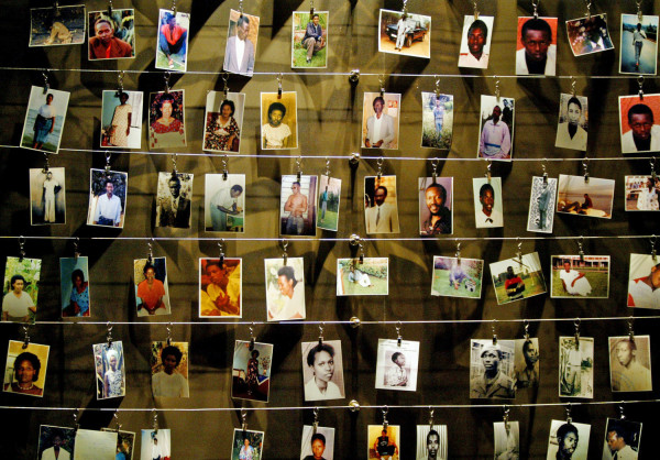 PICTURES OF KILLED PEOPLE ARE INSTALLED ON A WALL INSIDE THE GISOZI MEMORIAL IN KIGALI